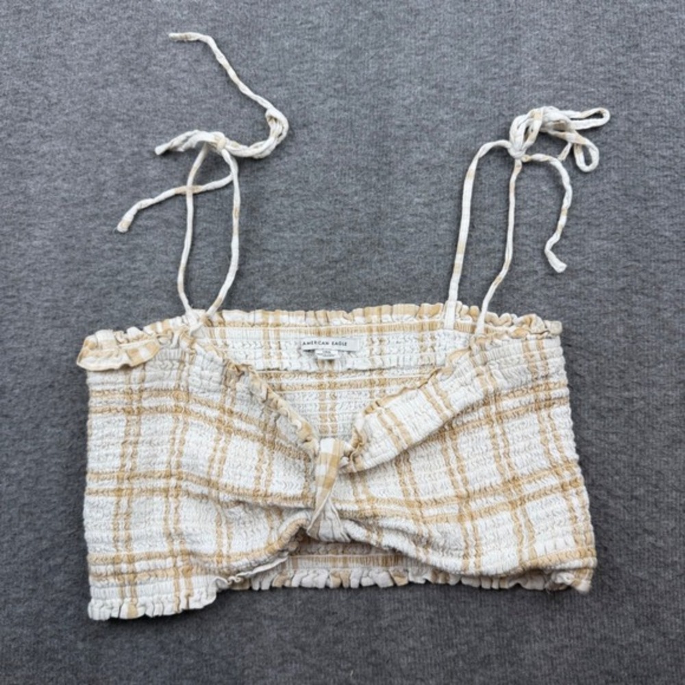 American Eagle Smocked Crop Top Women's Large Tan Plaid Linen Tie Strap Bralette